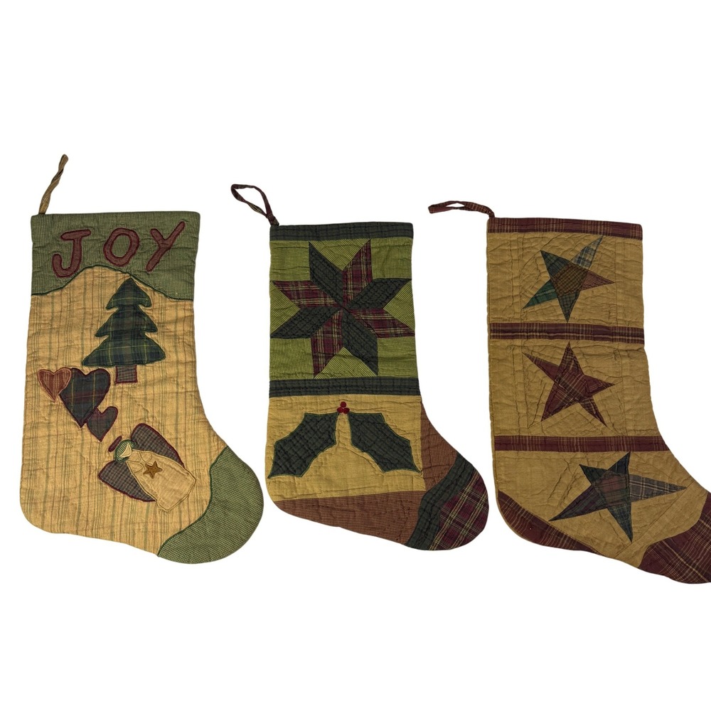 Vintage Quilted Christmas Stockings Lot of 3 Hand Stitched Rustic Farmhouse Deco
